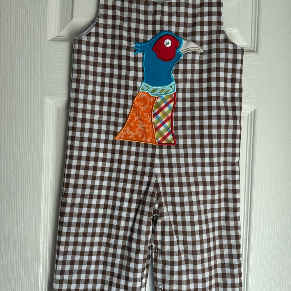 Boys Brown Checkered Romper Pheasant Appliqué  18 Months
